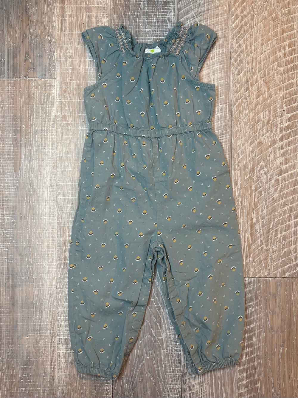 Girls Olive Green Printed Cap-Sleeve Jumpsuit